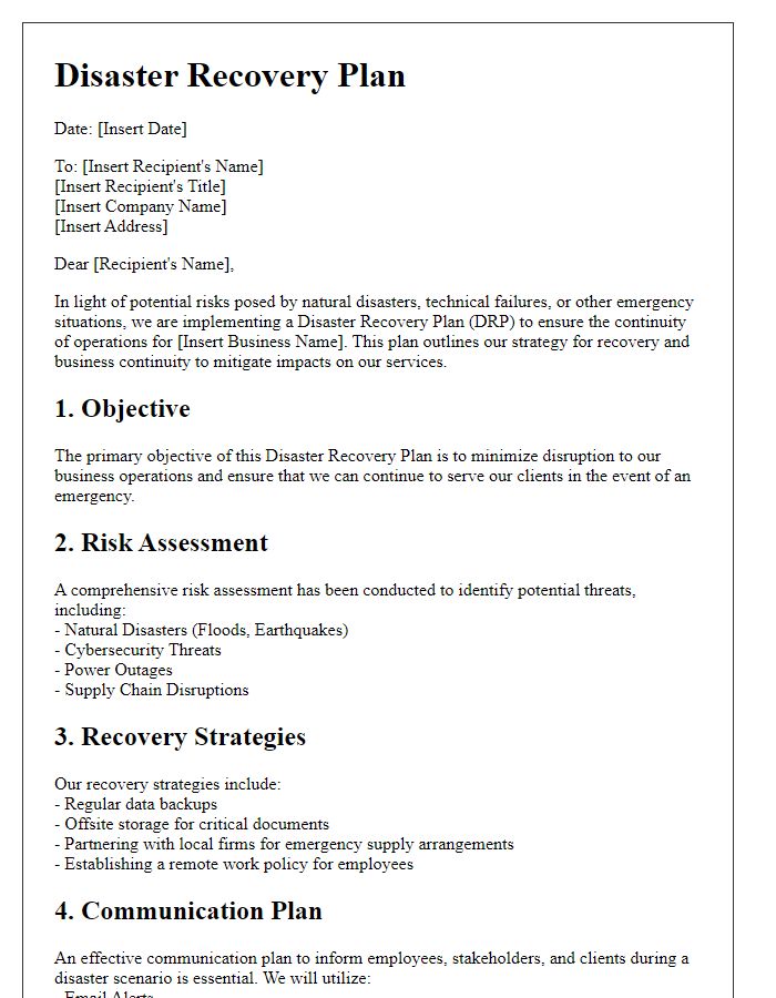 Letter template of disaster recovery plan for small businesses