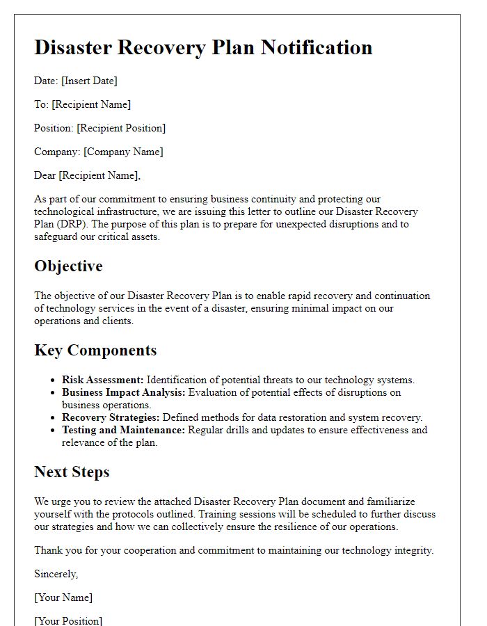 Letter template of disaster recovery plan for technology firms