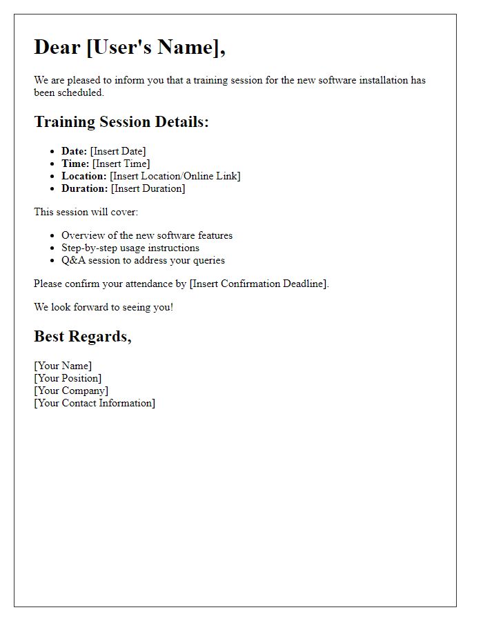 Letter template of user training session post-software installation