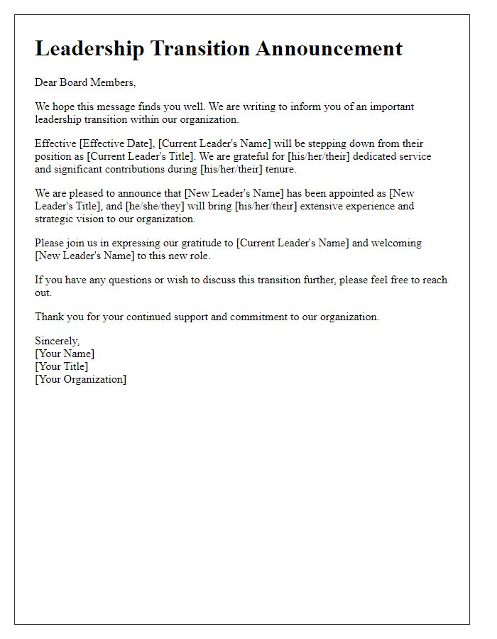 Letter template of leadership transition announcement for board members