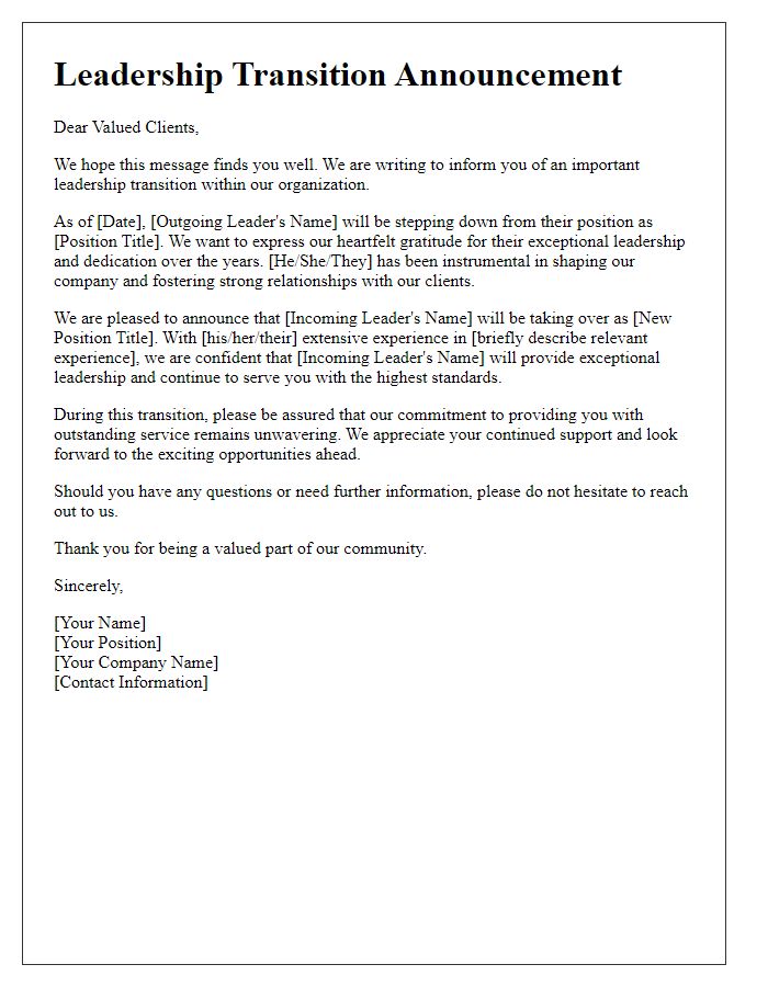 Letter template of leadership transition announcement for clients