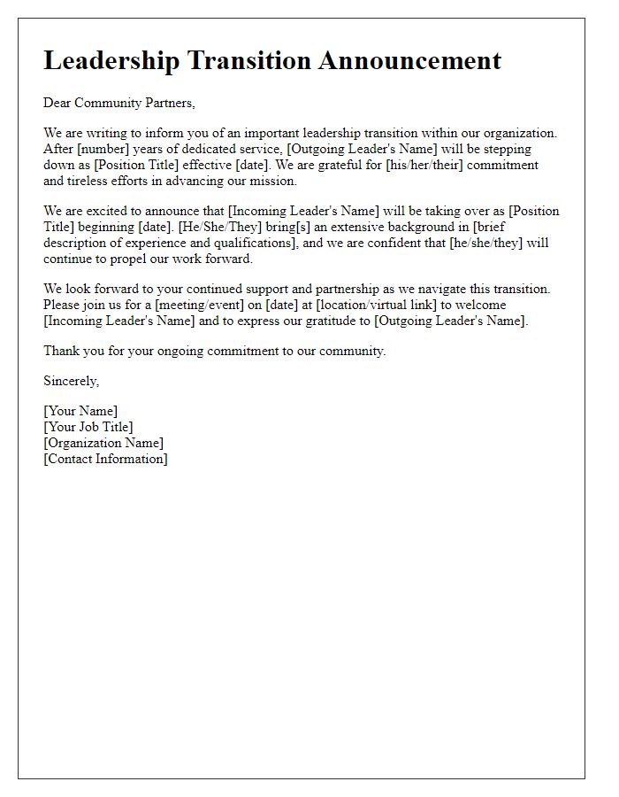 Letter template of leadership transition announcement for community partners