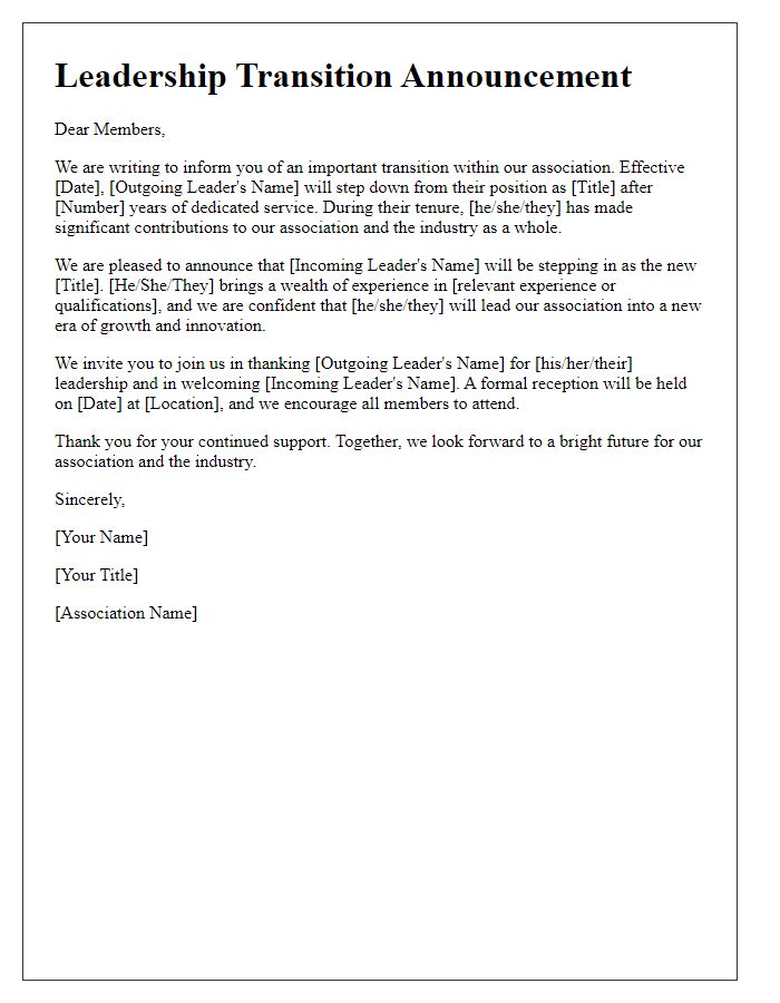 Letter template of leadership transition announcement for industry associations