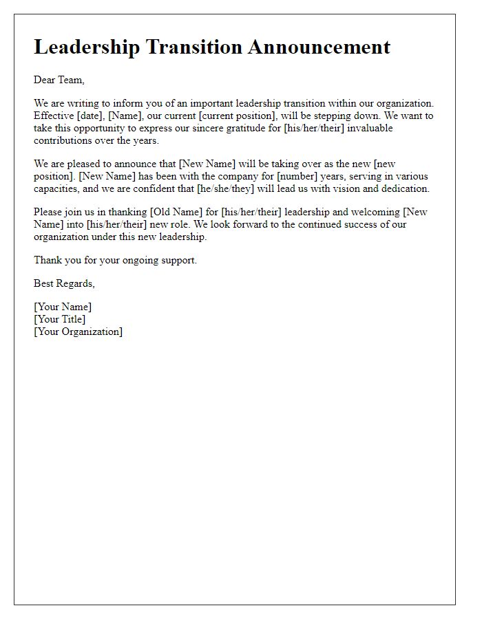 Letter template of leadership transition announcement for internal newsletter