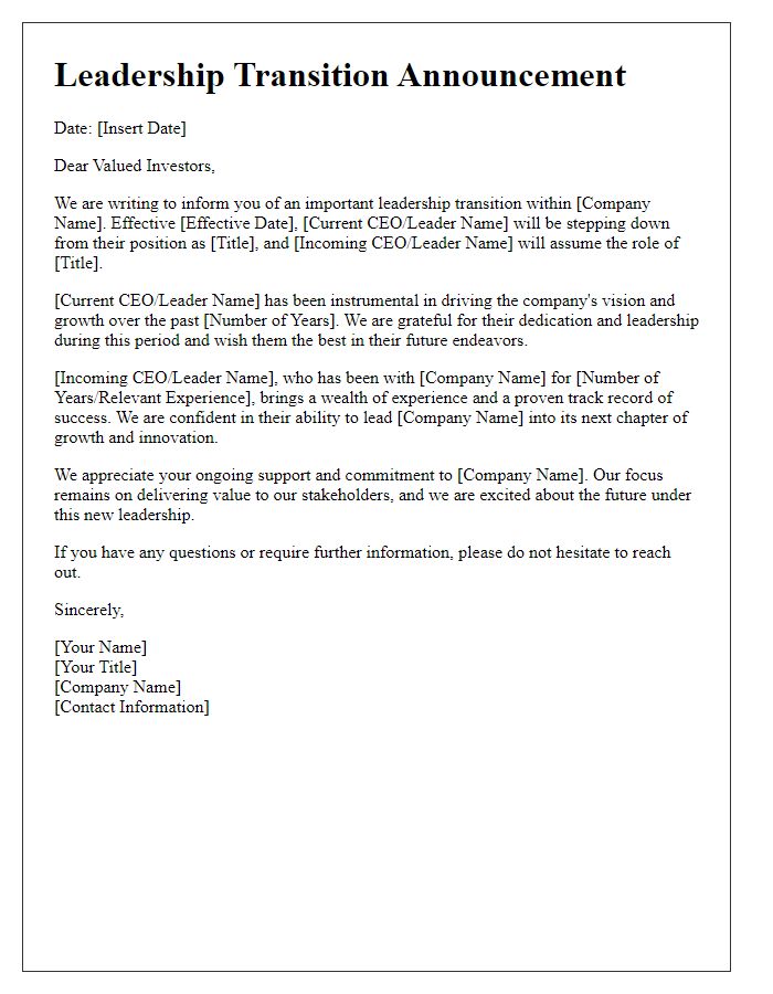 Letter template of leadership transition announcement for investors