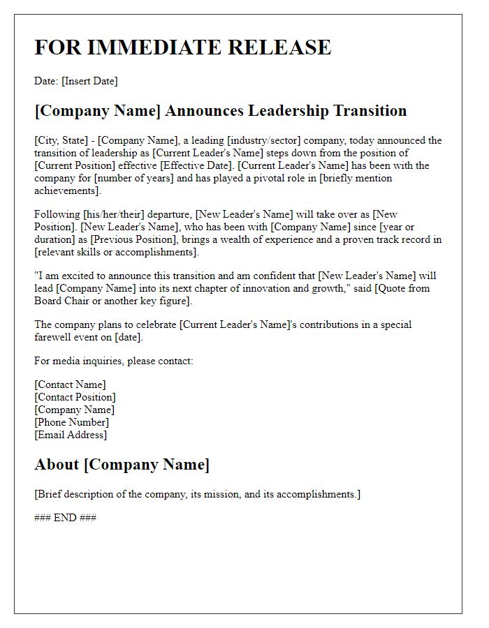 Letter template of leadership transition announcement for press release