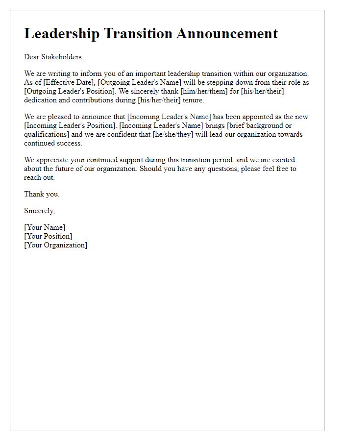 Letter template of leadership transition announcement for stakeholders