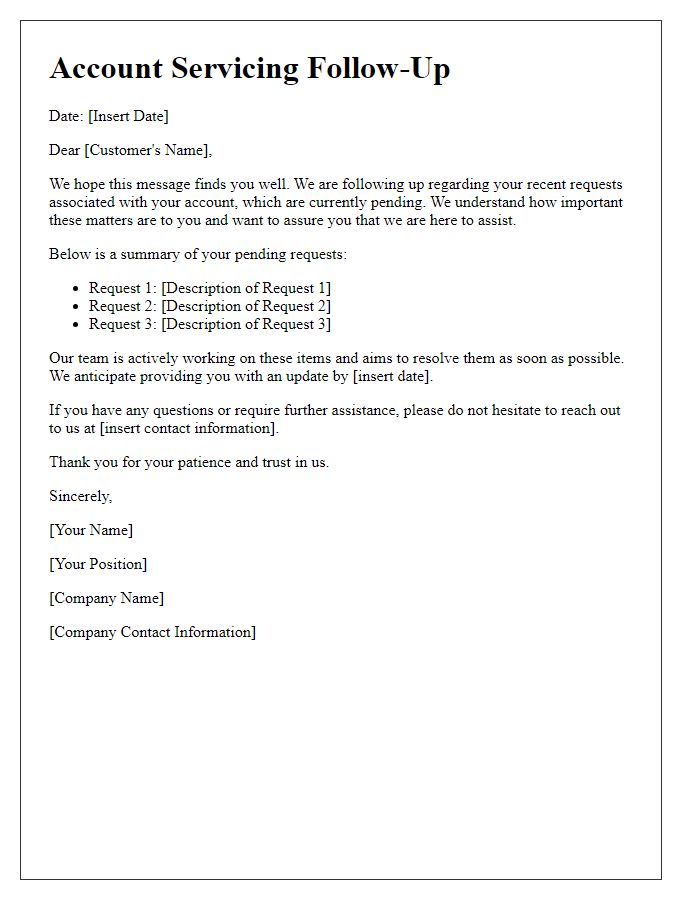 Letter template of account servicing follow-up for pending requests