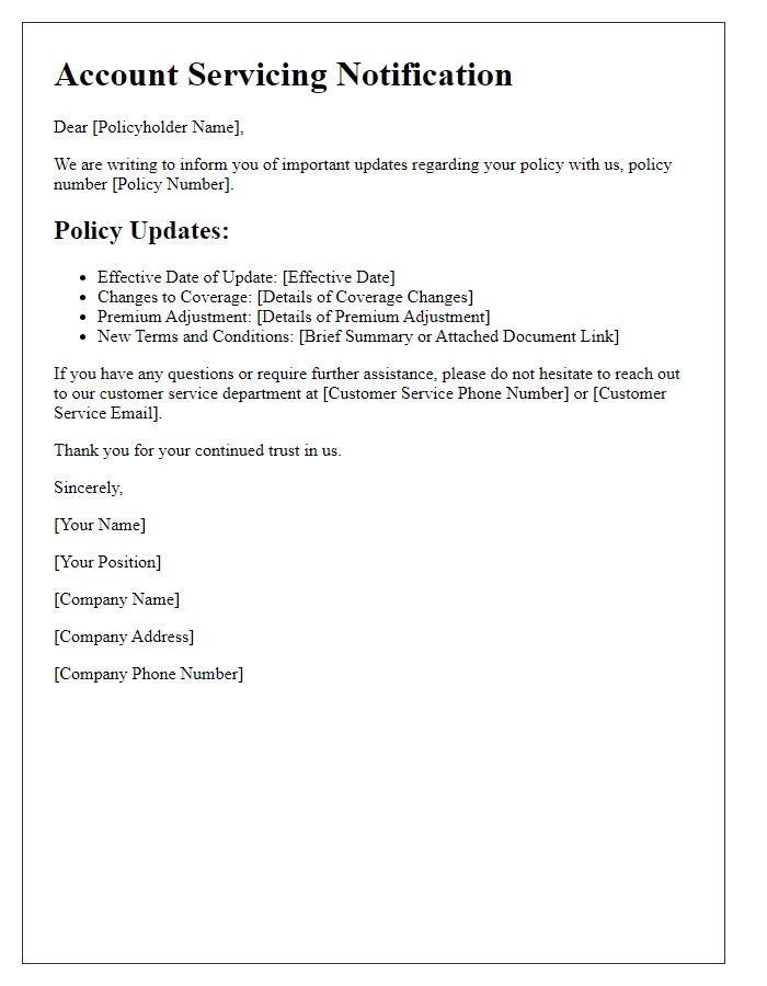 Letter template of account servicing notification for policy updates