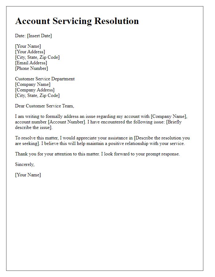 Letter template of account servicing resolution for account issues