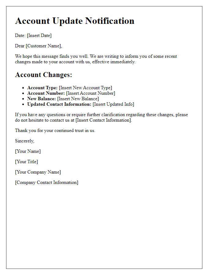 Letter template of account servicing update for account changes