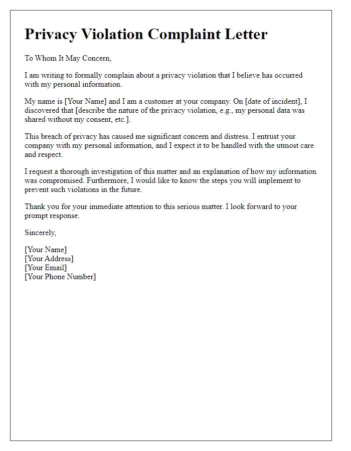 Letter template of privacy violation complaint to a company.