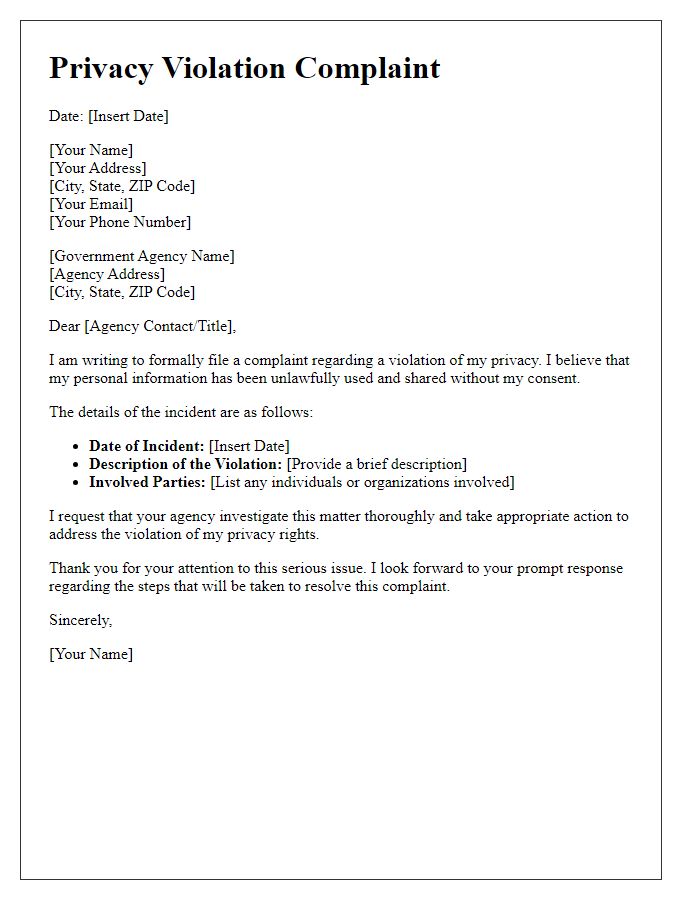 Letter template of privacy violation complaint to a government agency.