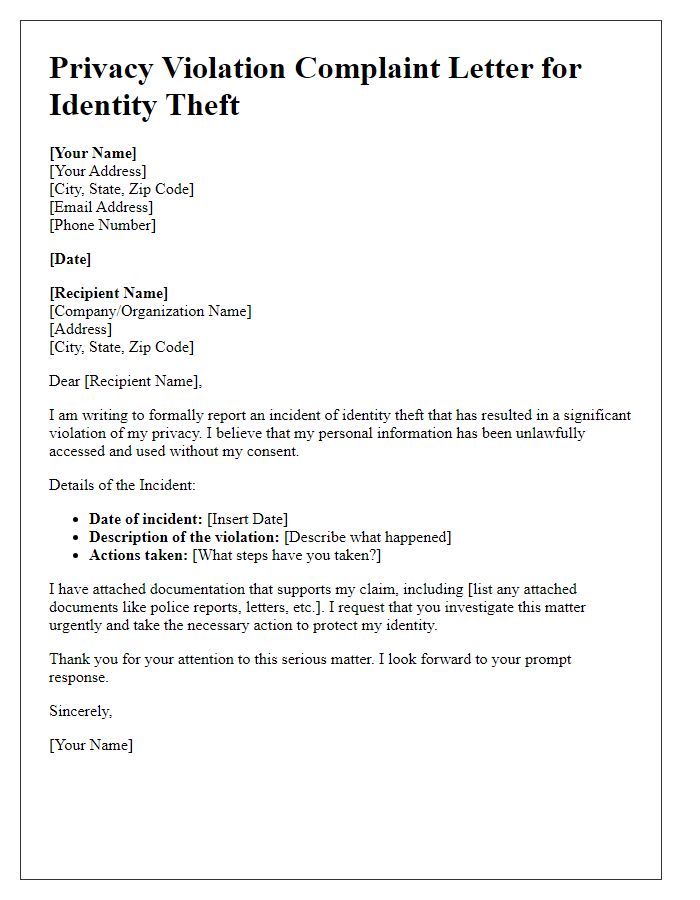 Letter template of privacy violation complaint for identity theft.