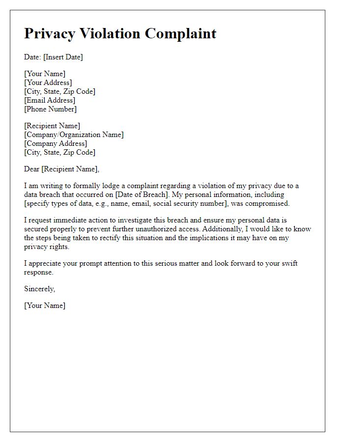 Letter template of privacy violation complaint regarding data breach.