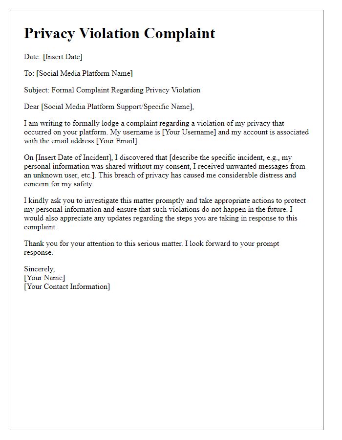 Letter template of privacy violation complaint to a social media platform.