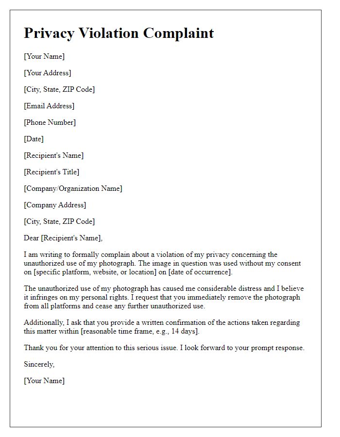 Letter template of privacy violation complaint for unauthorized photo use.