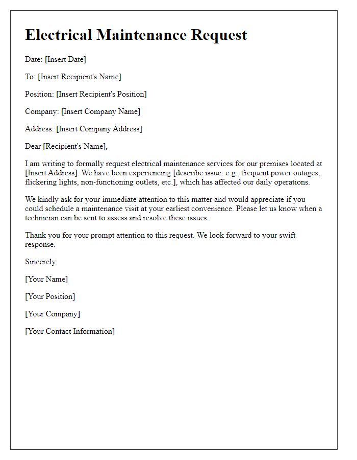 Letter template of electrical maintenance request for premises