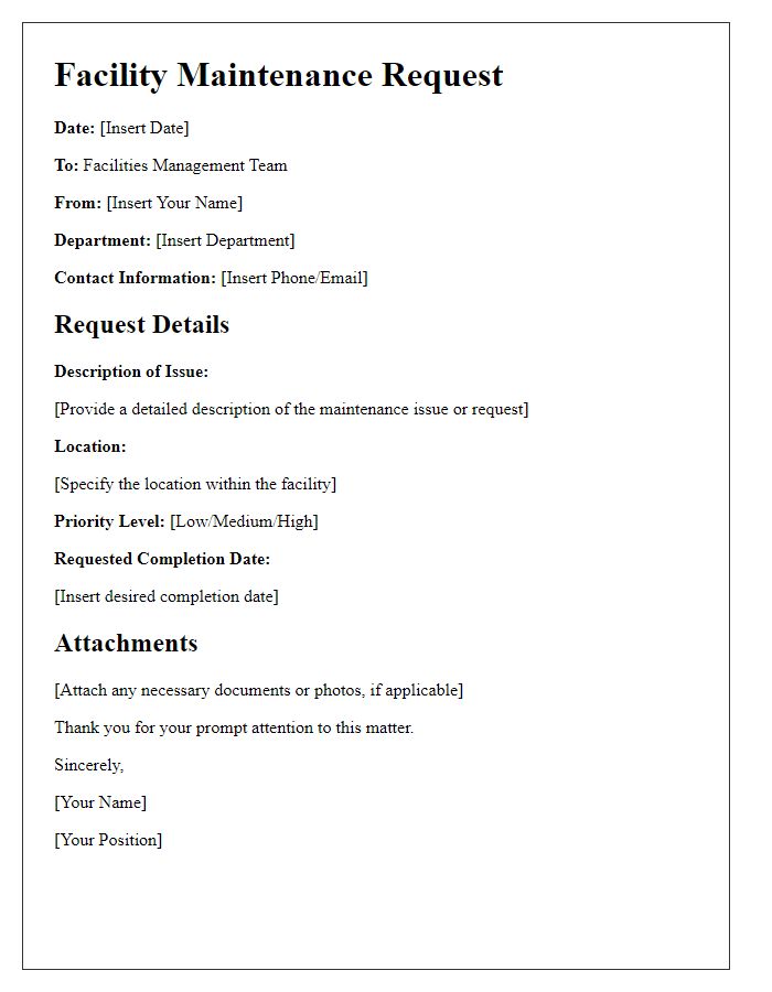 Letter template of general facility maintenance request for team use