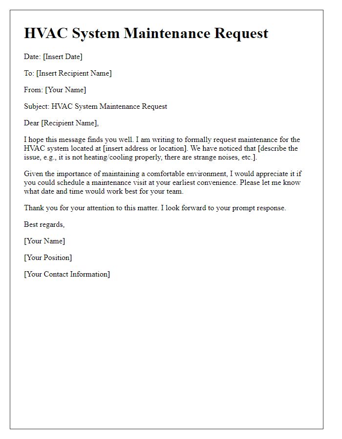 Letter template of HVAC system maintenance request