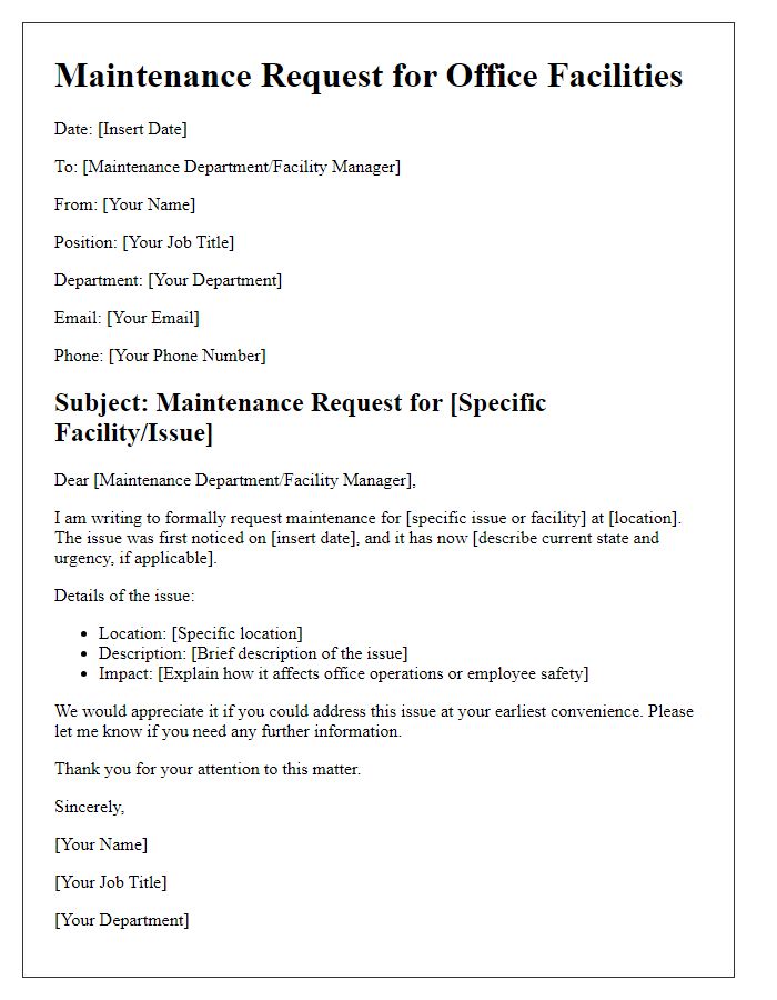 Letter template of maintenance request for office facilities