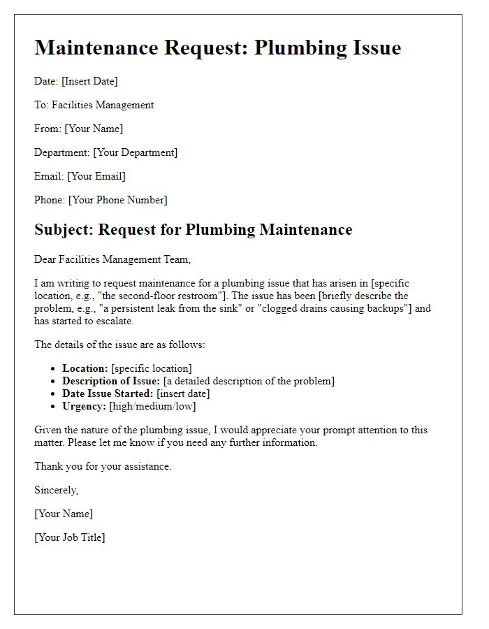 Letter template of plumbing issue maintenance request for facilities