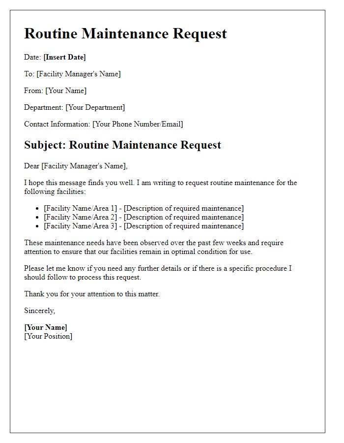 Letter template of routine maintenance request for facility upkeep