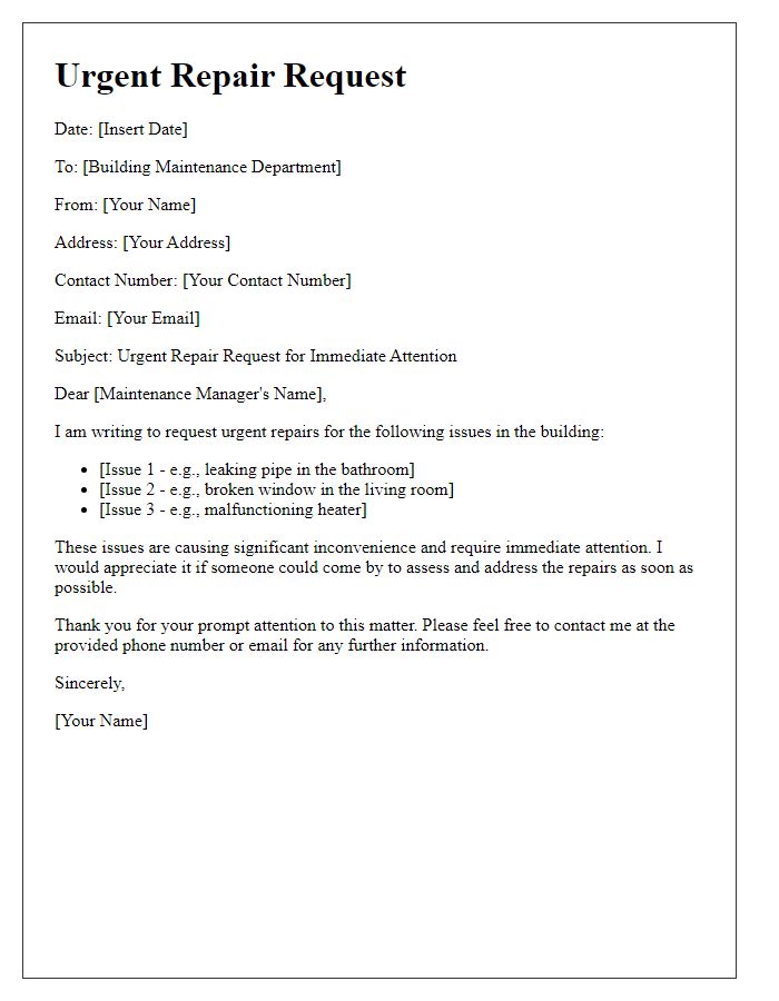 Letter template of urgent repair request for building maintenance