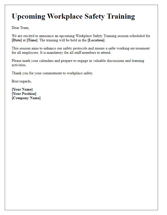 Letter template of announcement for upcoming workplace safety training