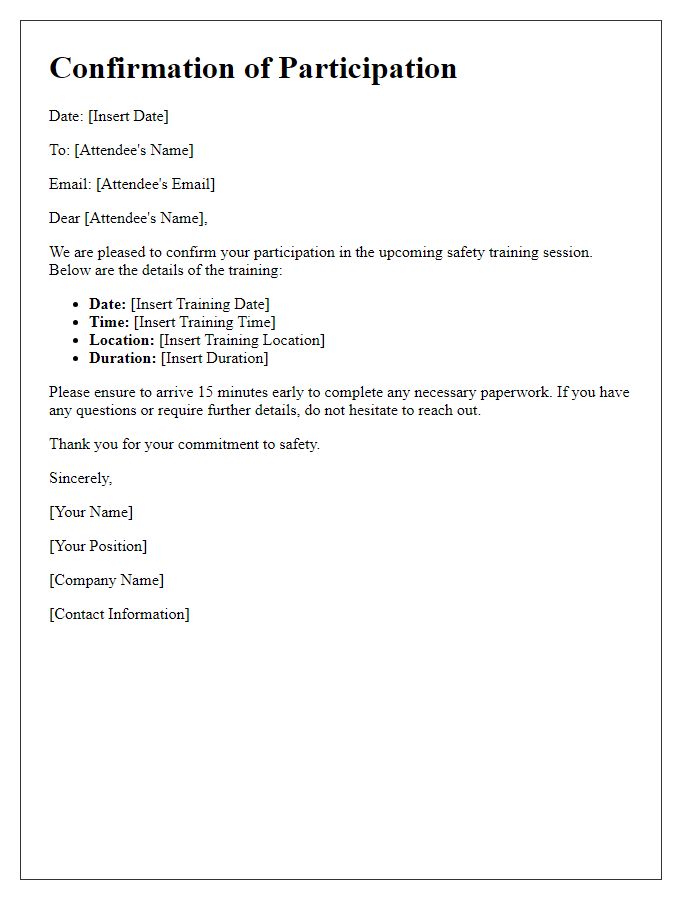 Letter template of confirmation for attendee participation in safety training