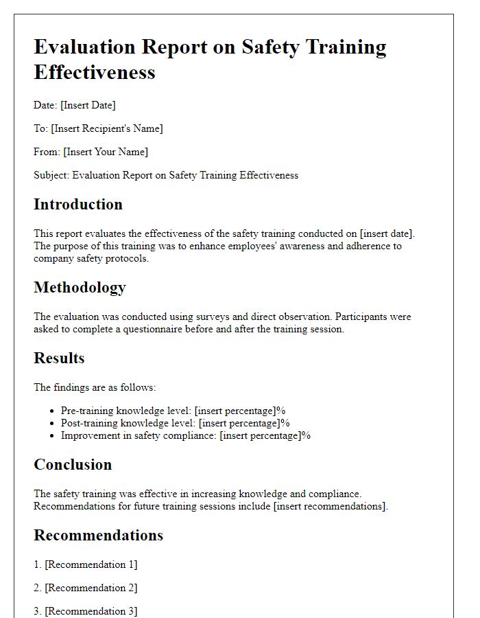 Letter template of evaluation report on safety training effectiveness