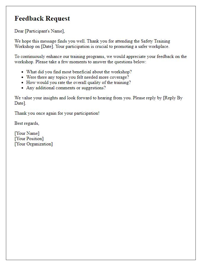 Letter template of feedback request after safety training workshop