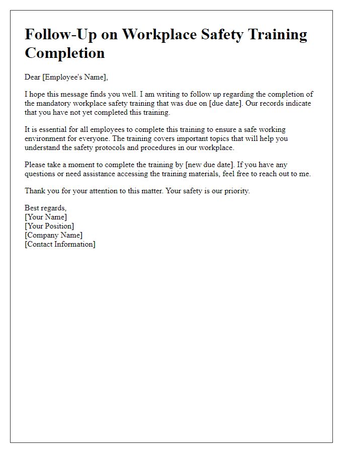 Letter template of follow-up regarding workplace safety training completion