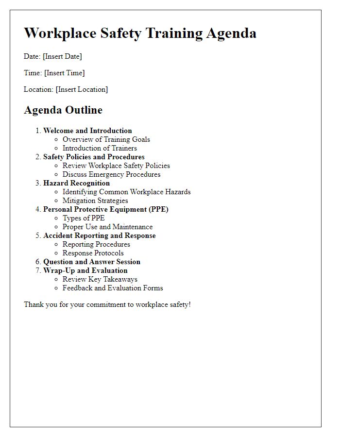 Letter template of outline for workplace safety training agenda