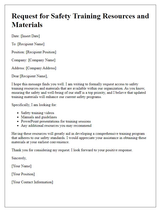 Letter template of request for safety training resources and materials