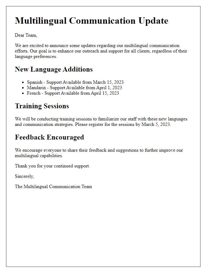 Letter template of multilingual communication update