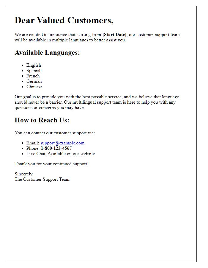 Letter template of multilingual customer support announcement