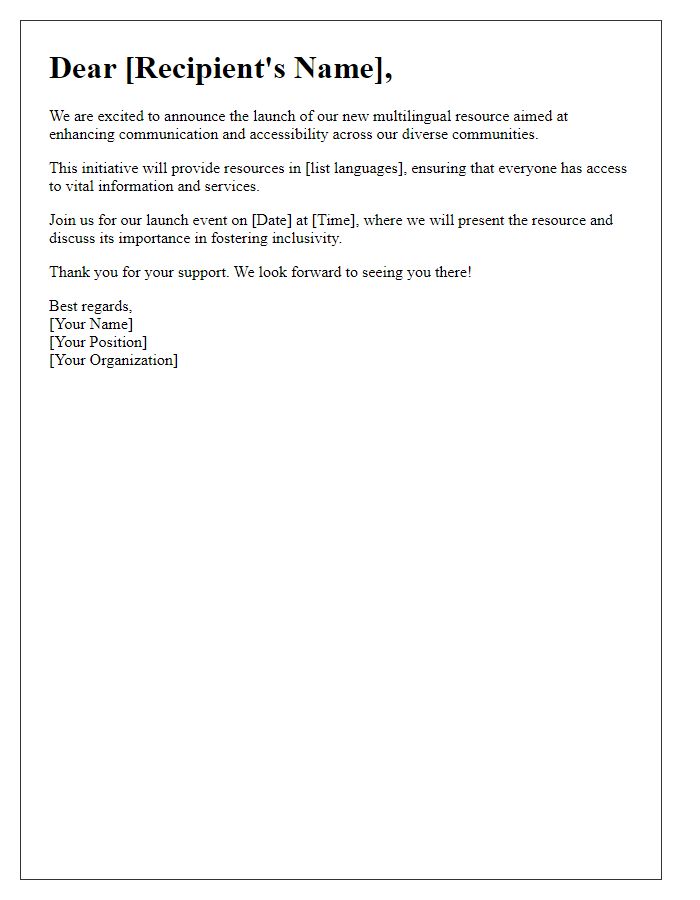 Letter template of multilingual resource launch