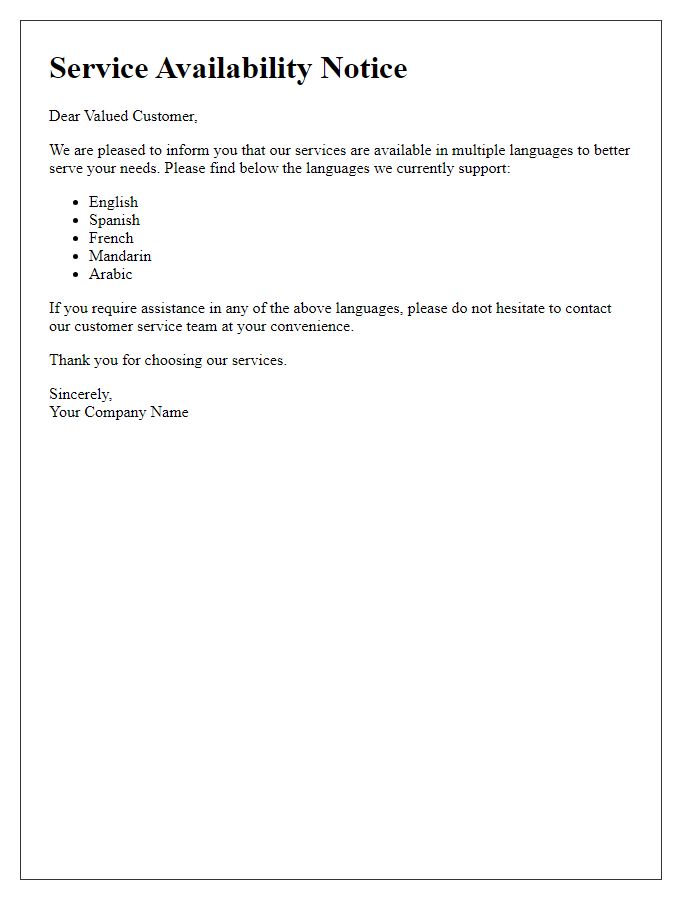 Letter template of multilingual service availability notice