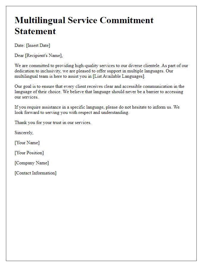 Letter template of multilingual service commitment statement