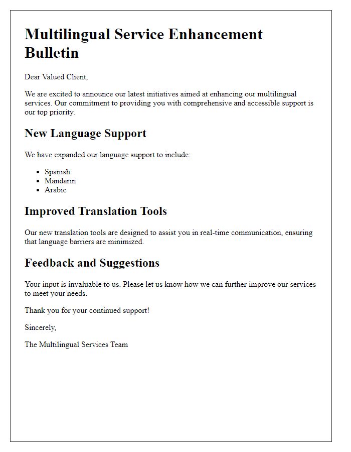 Letter template of multilingual service enhancement bulletin