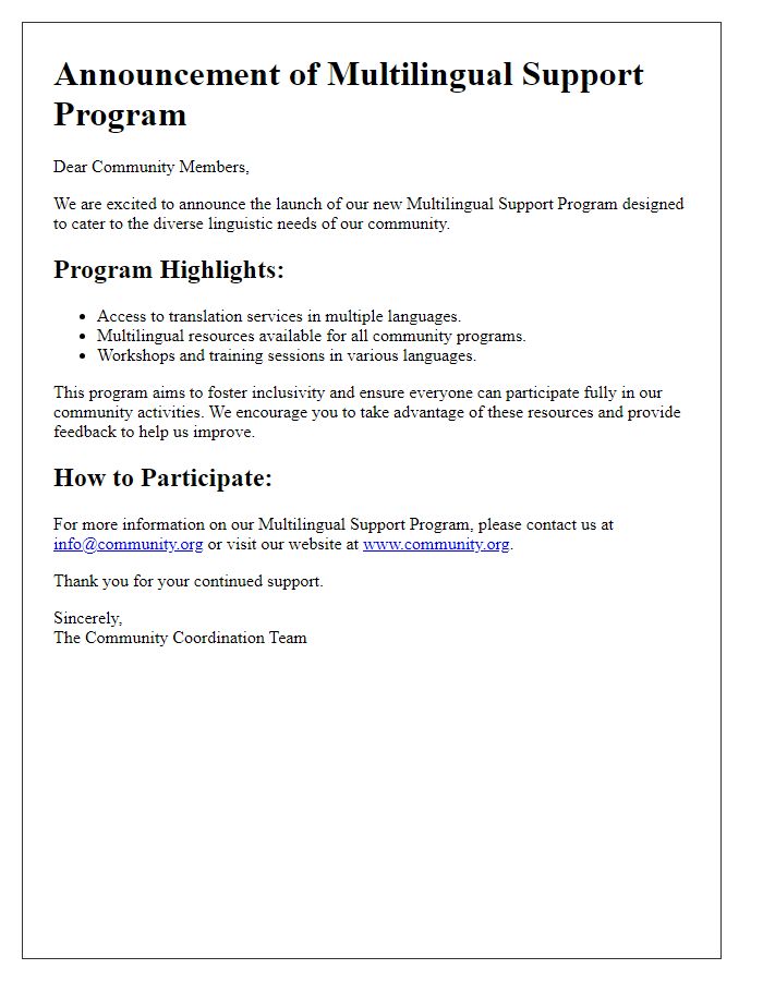 Letter template of multilingual support program announcement