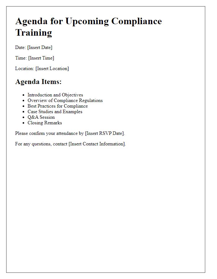 Letter template of agenda for upcoming compliance training