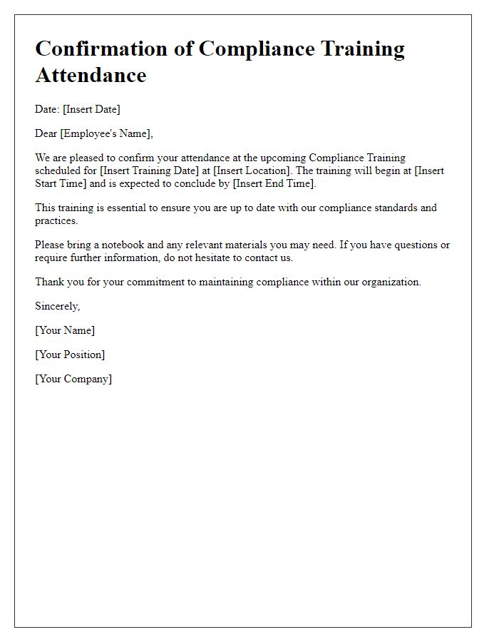 Letter template of confirmation for compliance training attendance