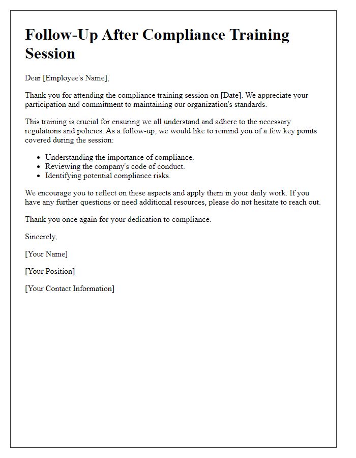 Letter template of follow-up after compliance training session