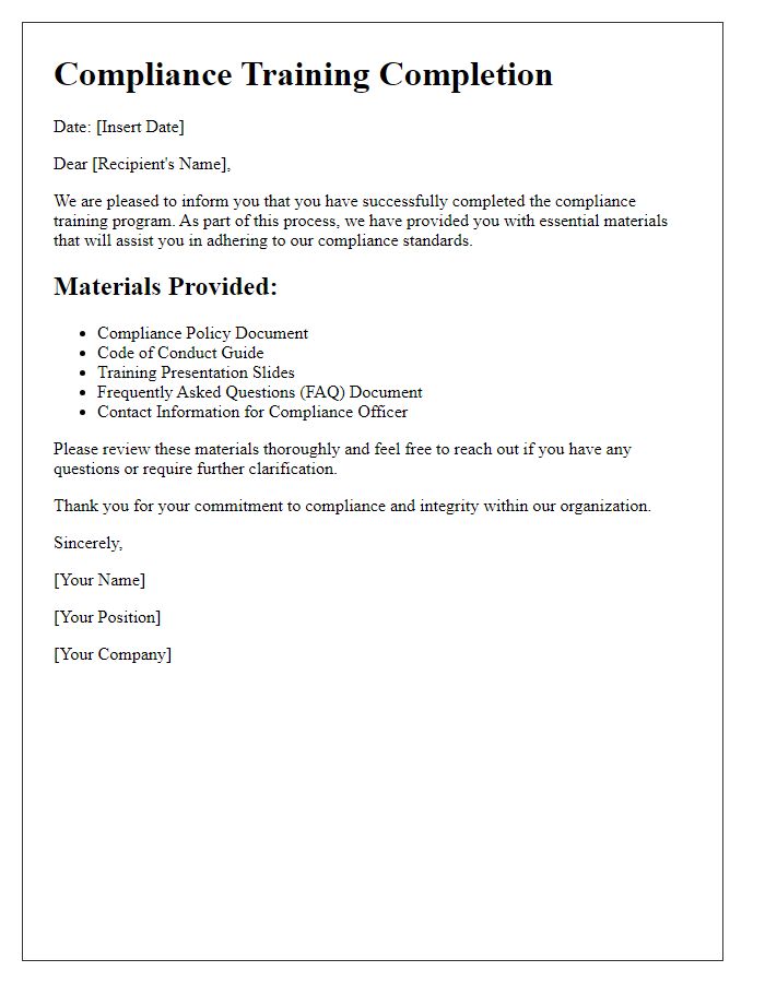 Letter template of materials provided after compliance training