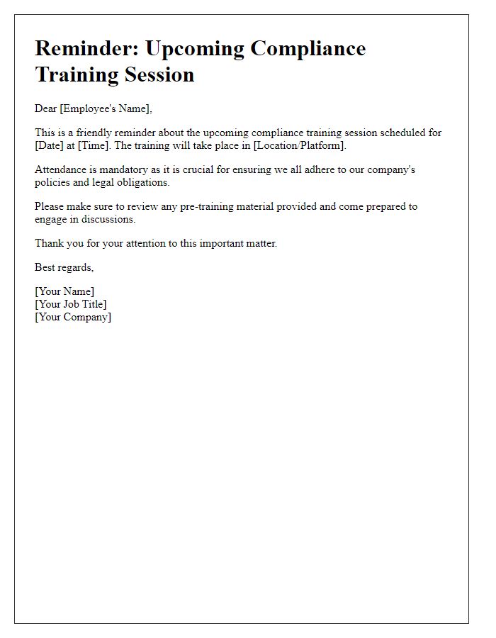 Letter template of reminder for compliance training session