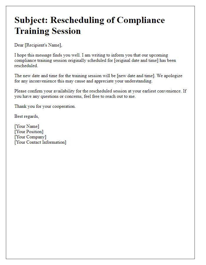 Letter template of rescheduling compliance training session