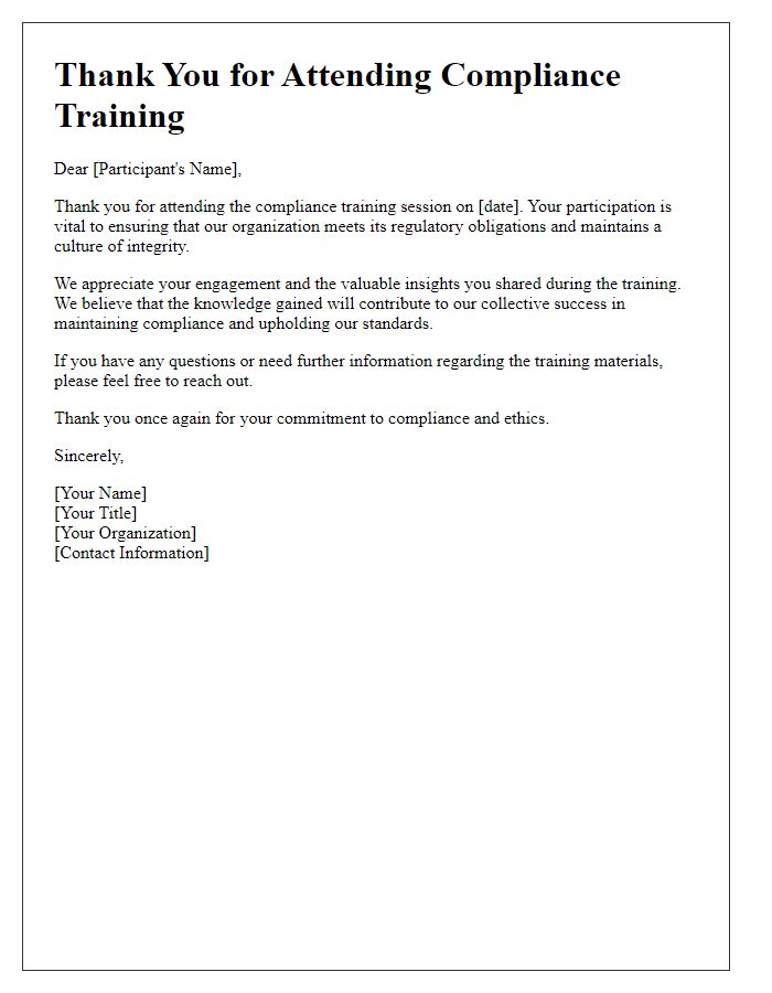 Letter template of thank you for attending compliance training