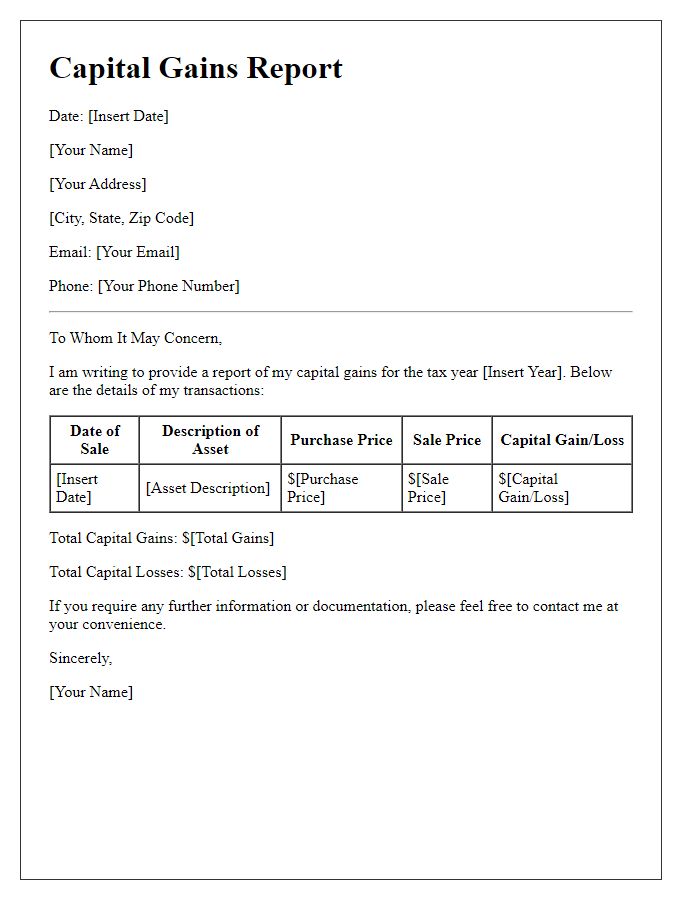 Letter template of capital gains report